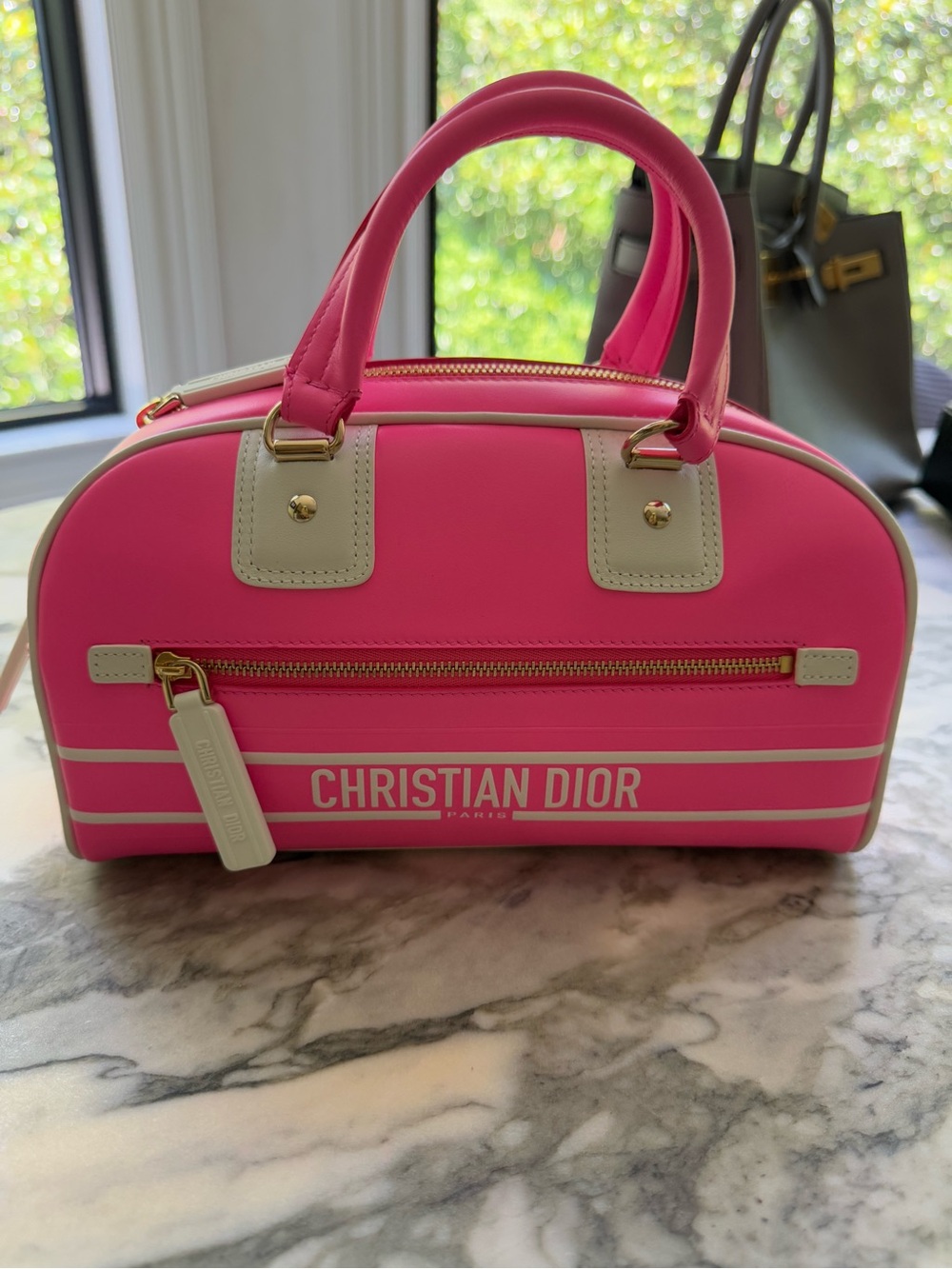 Dior Hot Pink Mini Bowling Bag with Cream Trim